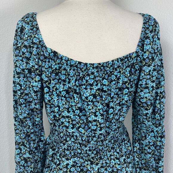 SO Baby Doll Top Large Blue Floral Crop Long Sleeves Fairy Goth Milkmaid Boho - Picture 9 of 15